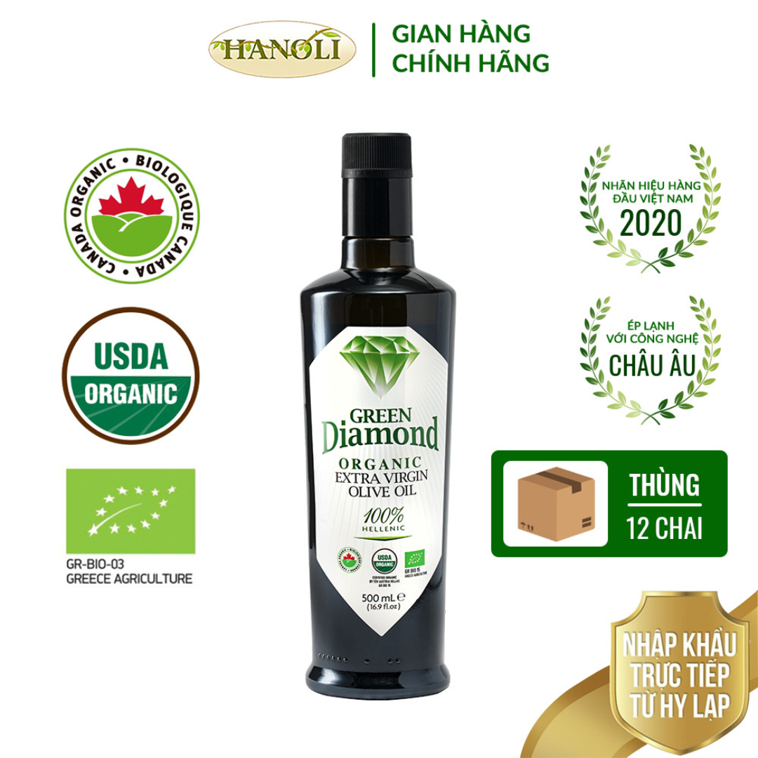 Combo thùng 12 chai Dầu oliu organic siêu nguyên chất GREEN DIAMOND chai 500ml