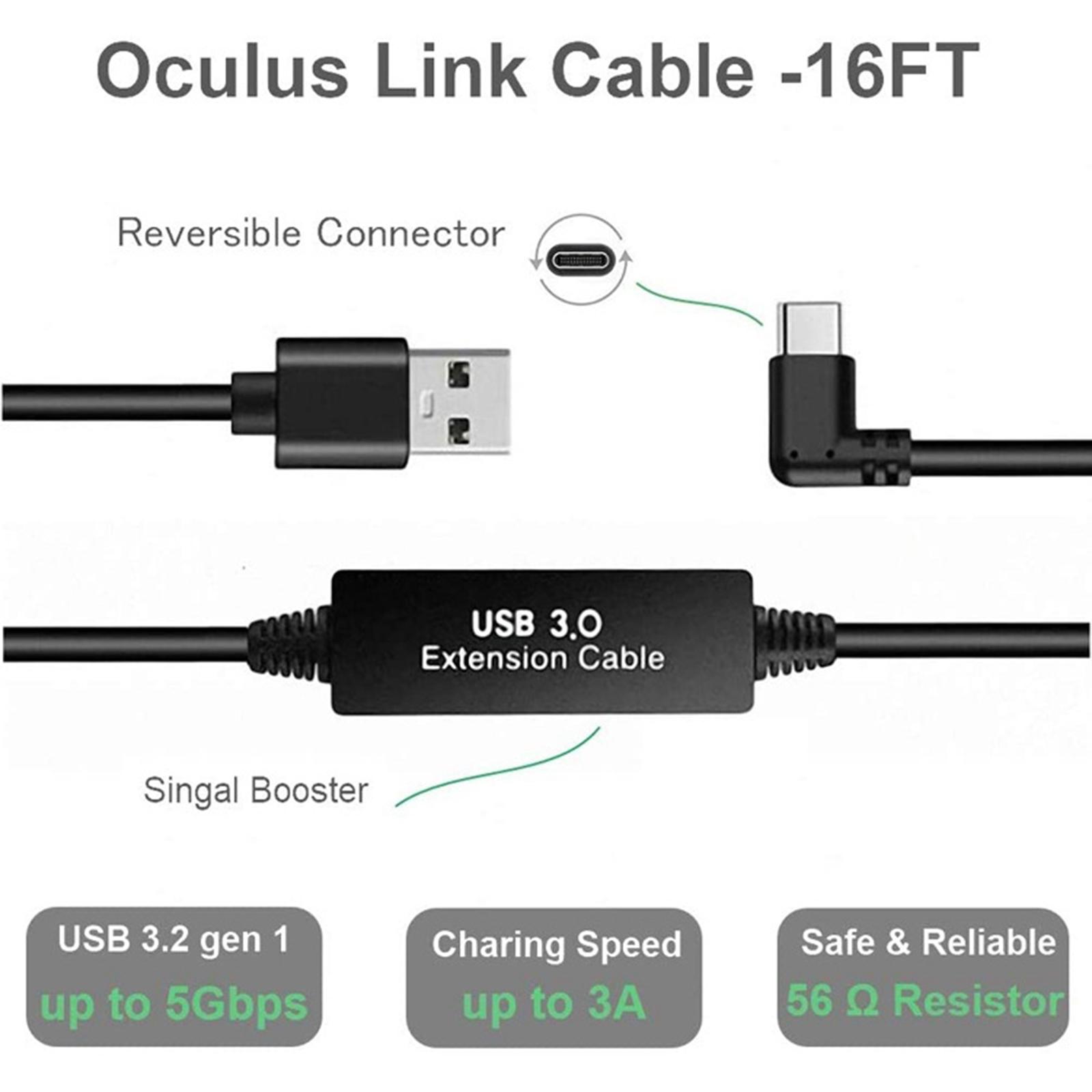 16ft Type-C to USB 3.0 Link Cable Cord with Relay Amplifier for Oculus Quest - Connects your Quest headset to a gaming PC