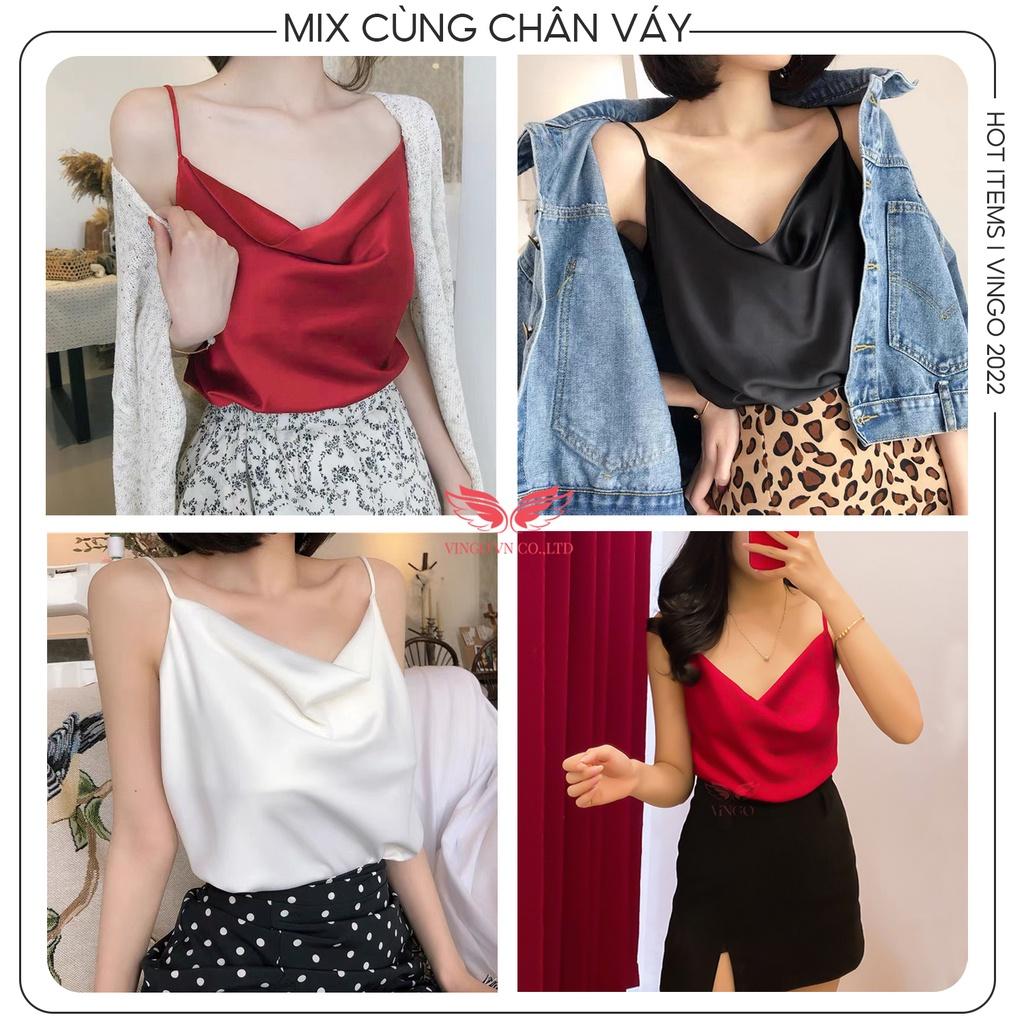 Áo hai dây nữ lụa Pháp cao cấp cổ đổ sang chảnh VINGO phối cùng balzer chân váy quần jean mặc mùa hè mát N157 VNGO