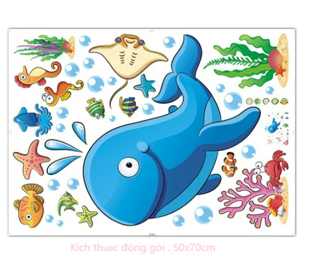 Decal trang trí tường - Chú cá voi xanh hài hước