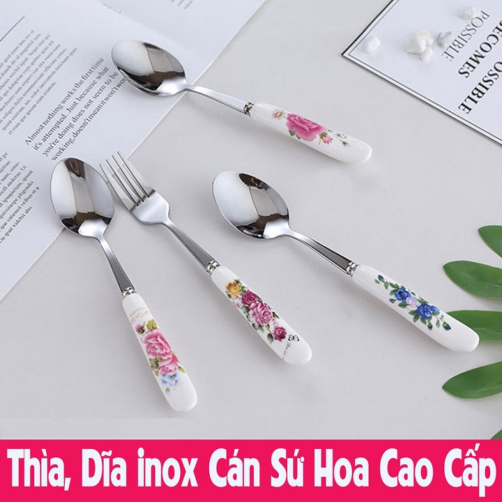 Bộ 6 Thìa Rĩa Inox Cán Sứ Hoa Đỏ Cao Cấp