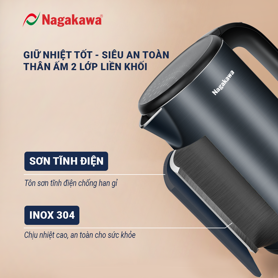 Ấm siêu tốc 2 lớp inox 304 Nagakawa NAG0319 - Hàng chính hãng