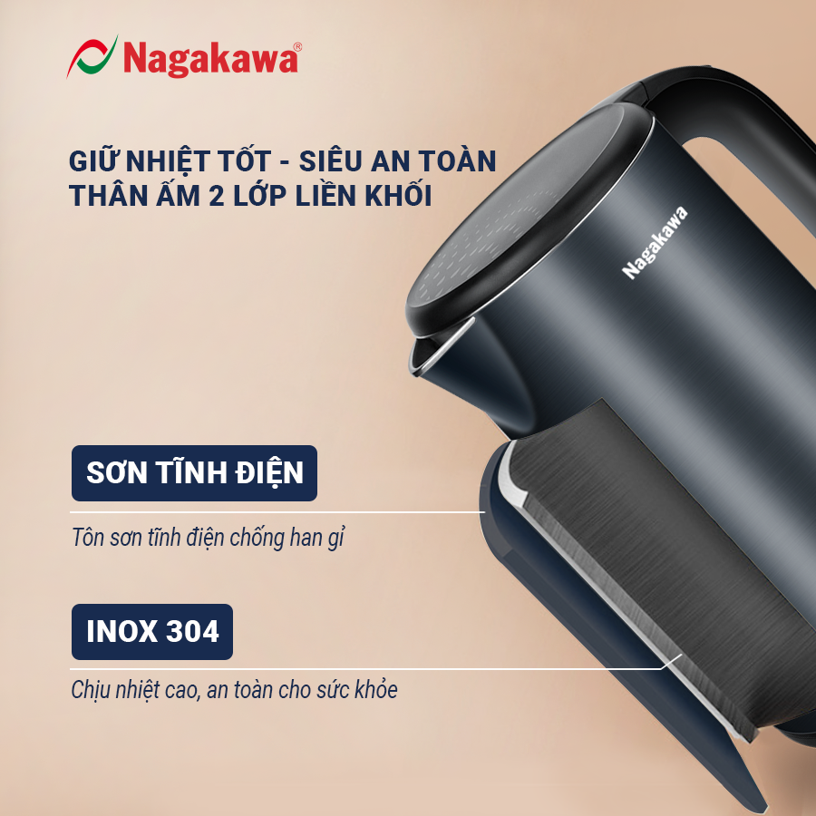 Ấm siêu tốc 2 lớp inox 304 Nagakawa NAG0319 (1.8L - 1800W) - Hàng chính hãng