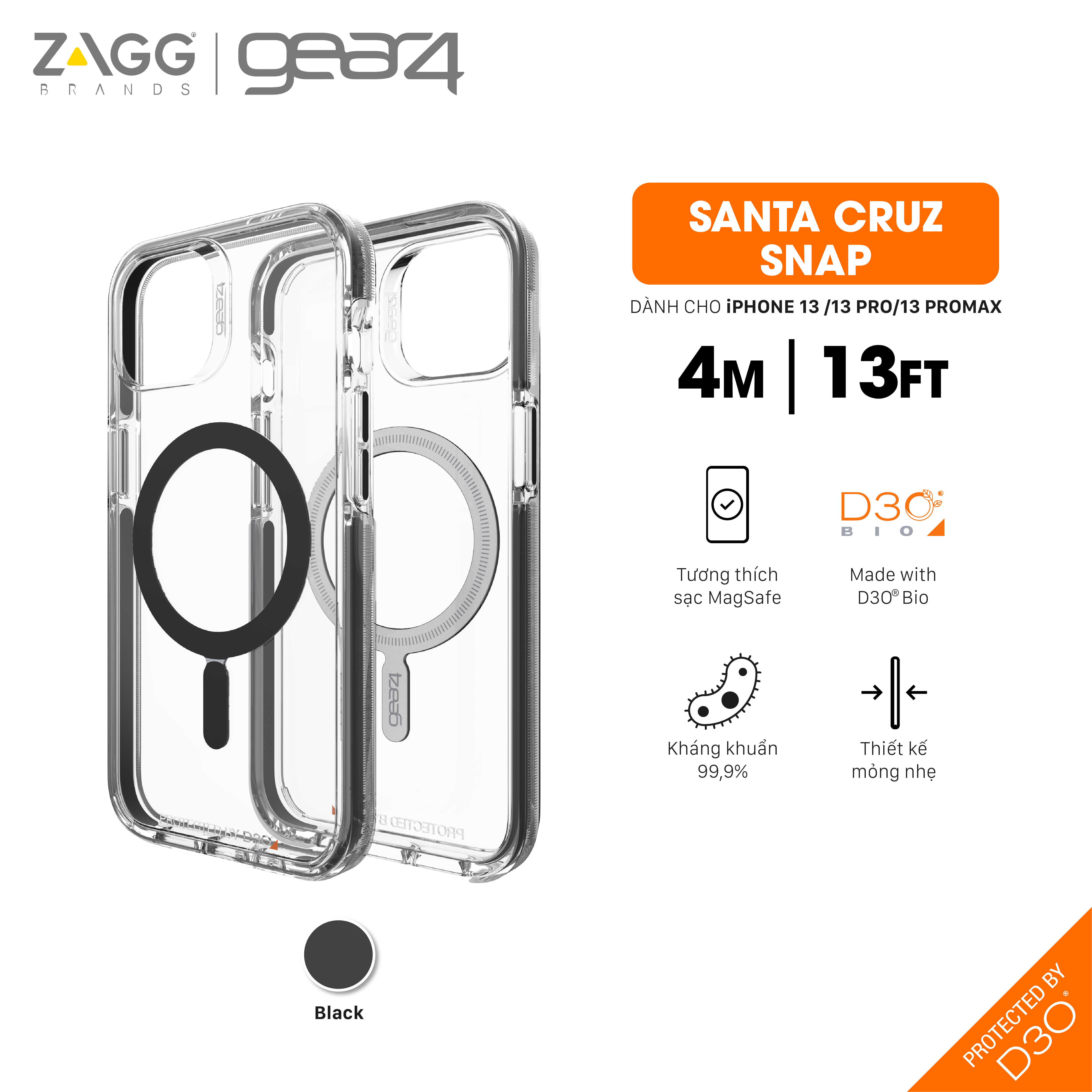 Ốp Lưng Chống Sốc Gear4 D3O Santa Cruz Snap 4M Hỗ Trợ Sạc Magsafe Cho Iphone 13 Series - Hàng Chính Hãng - Black - Iphone 13
