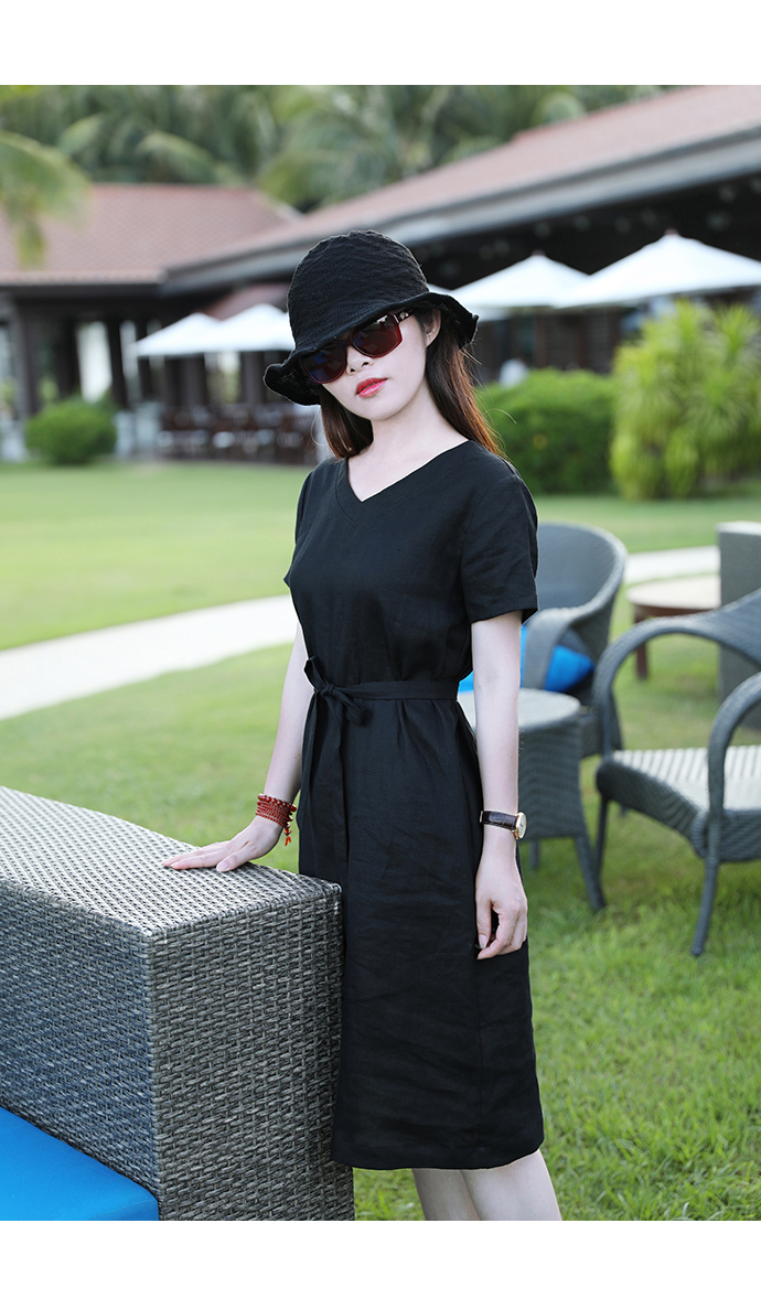 Đầm linen dáng suông cổ tim tay ngắn, kefm đai eo có túi sườn mẫu mới Đũi Việt Dv196