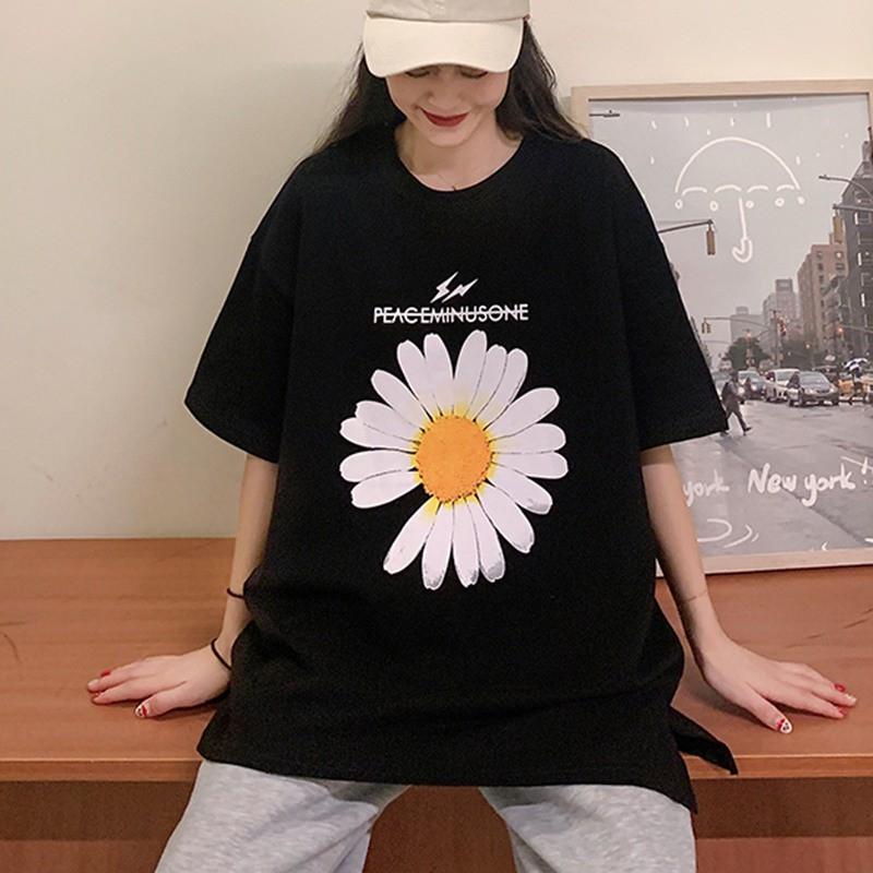 Áo Thun Tay Ngắn Cổ Tròn Hoạ Tiết Hoa Thiết Kế Dáng Rộng Thoải Mái