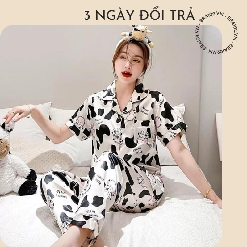 Bộ Pijama lụa cho nữ họa tiết Bò Sữa hot nhất mùa hè 2021- Bộ ngủ đồ mặc nhà chất vải trơn nhẹ cực chất B053