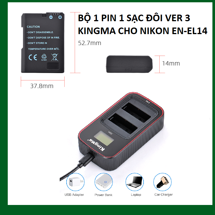 BỘ 1 PIN 1 SẠC ĐÔI VER 3 KINGMA CHO NIKON EN-EL14 - HÀNG CHÍNH HÃNG