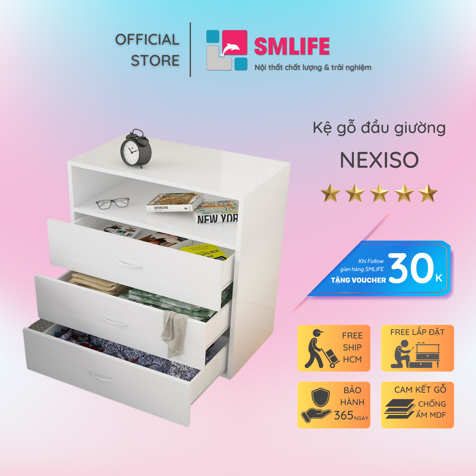 Kệ gỗ đầu giường hiện đại SMLIFE Nexiso | Gỗ MDF dày 17mm chống ẩm | D70xR35xC80cm