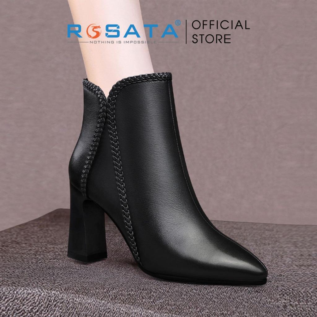 Giày boot nữ cổ cao đế vuông 8 phân mũi nhọn êm chân khóa kéo ROSATA RO602 ( BẢO HÀNH 12 THÁNG )