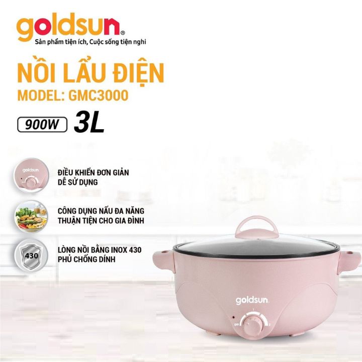 Nồi lẩu điện đa năng Goldsun GMC3000, dung tích 3L, công suất 900W, dùng nấu lẩu, chiên, xào, hấp - Hàng chính hãng