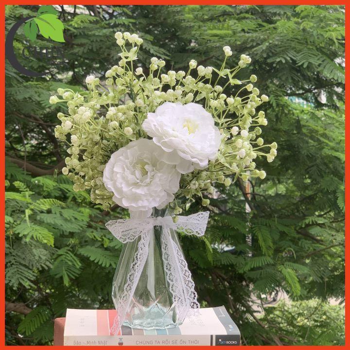 Bình Hoa Thủy Tinh, Bình Hoa Cắm Sẵn Hoa Hồng Cao 32Cm Trang Trí Bàn Trà Bàn Tiệc Bàn Trang Điểm Kệ Tủ