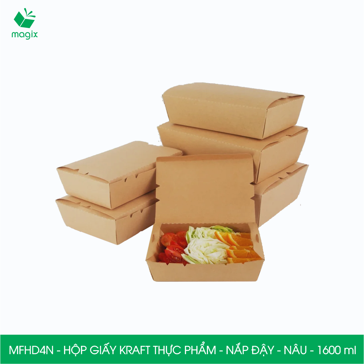 MFHD4N - Combo 100 hộp giấy kraft thực phẩm 1600ml, hộp đựng thức ăn nắp đậy màu nâu, hộp gói đồ ăn mang đi