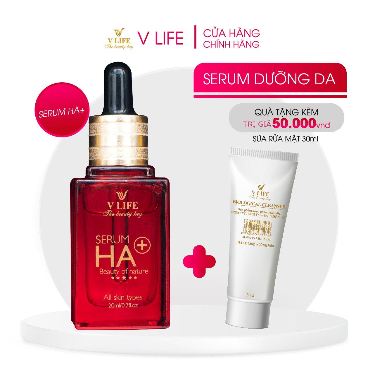 Serum ha+ V LIFE - Cấp nước, dưỡng ẩm, phục hồi da hư tổn. Tặng sữa rữa mặt sinh học V LIFE Biological 30ml