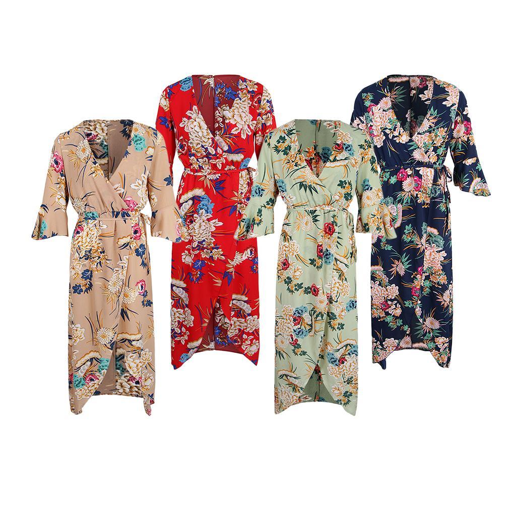 Women's V Neck Floral High Split Loose Dress Stretch Casual Long Maxi Dress