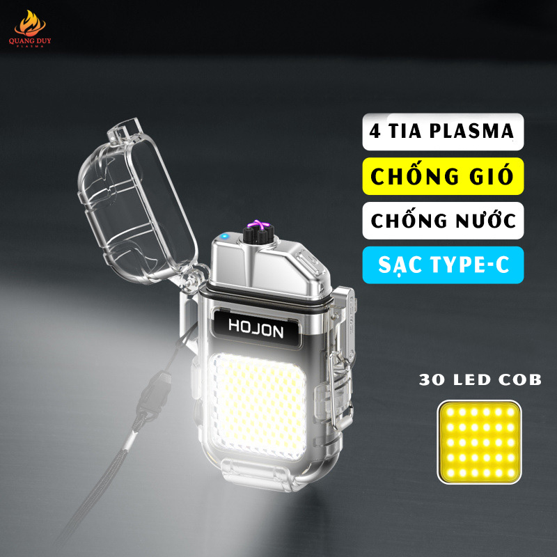 Hộp quẹt điện chống nước tích hợp đèn pin tiện lợi, đánh lửa 4 tia plasma chống gió độc lạ