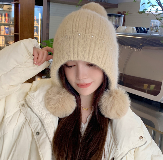 Mũ len nữ trùm đầu quả bông phong cách Hàn mới, nón len lót nỉ lông mềm mịn cao cấp