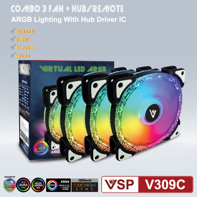 Bộ 3 Fan Case 12cm VSP V309C LED RGB (Kèm Hub + Remote, Sync Main) - Hàng Chính Hãng