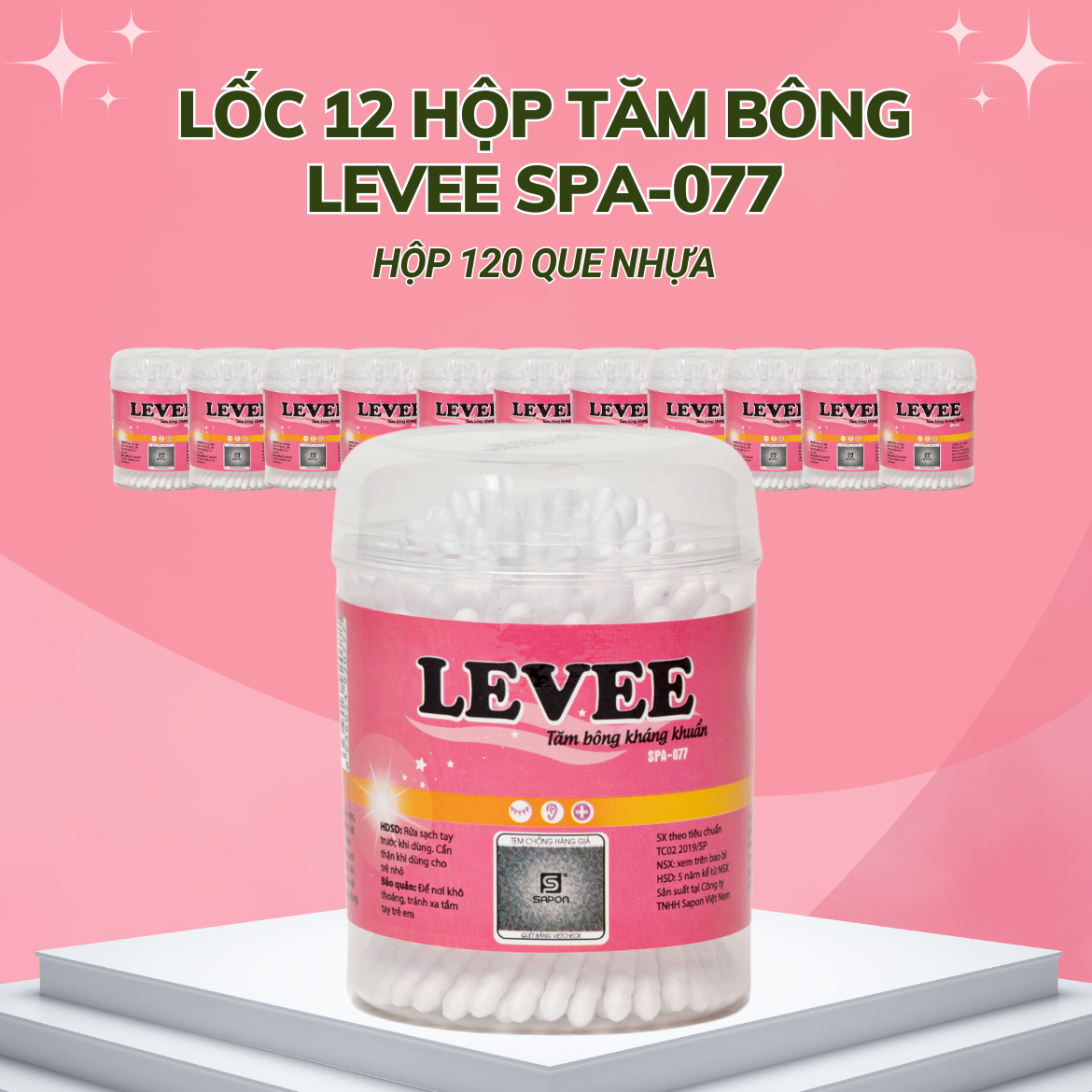 Lốc 12 hộp Tăm bông Levee trẻ em thân nhựa hộp 120 que SPB-077