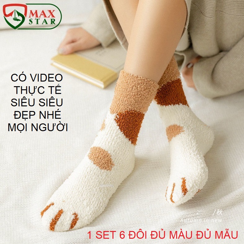 SET 6 ĐÔI TẤT XÙ LÓT LÔNG HỌA TIẾT HÌNH MÈO SIÊU ẤM, CUTE