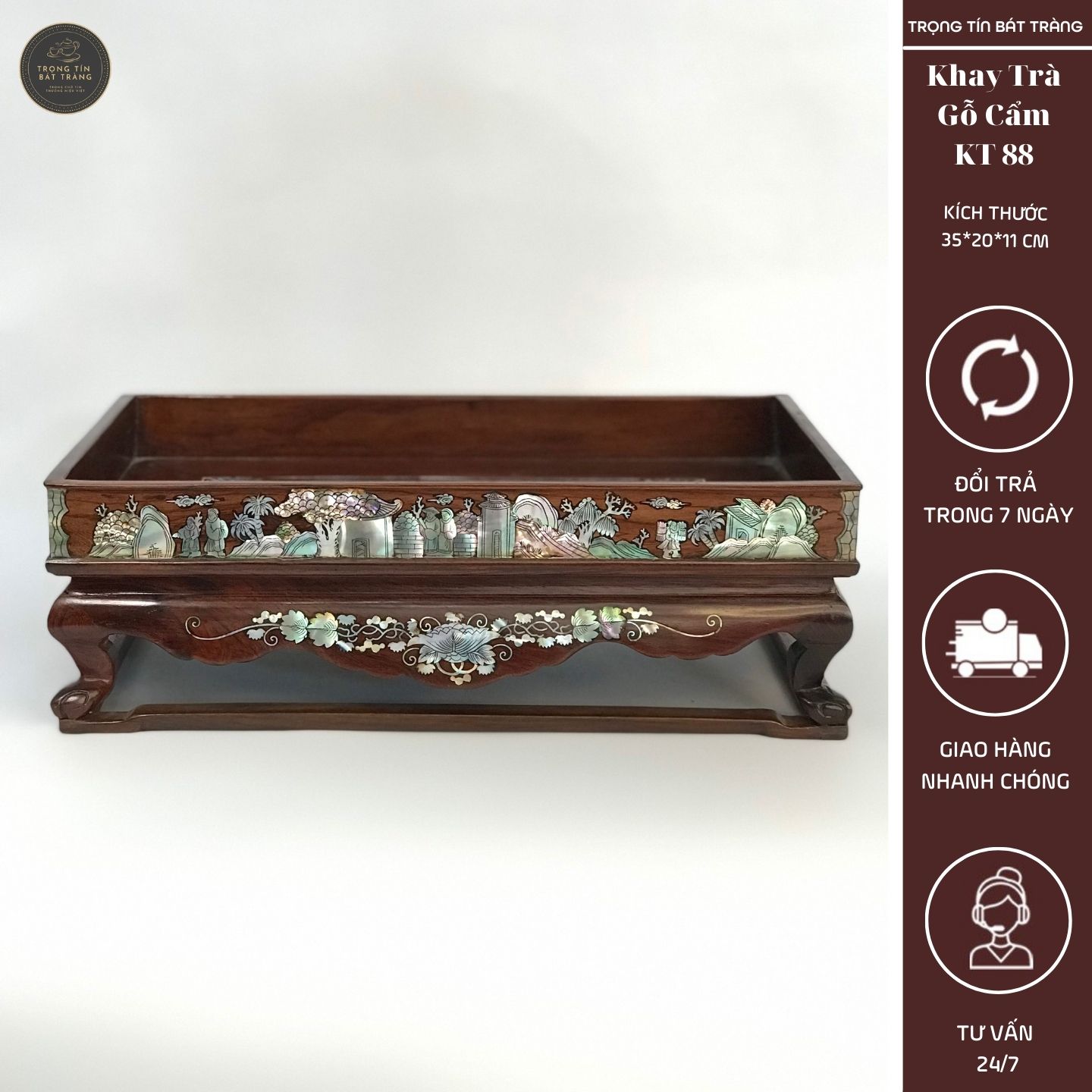 Khay Trà Gỗ Cẩm Hình Chữ Nhật Kích Thước 35*20*11 cm KT 88