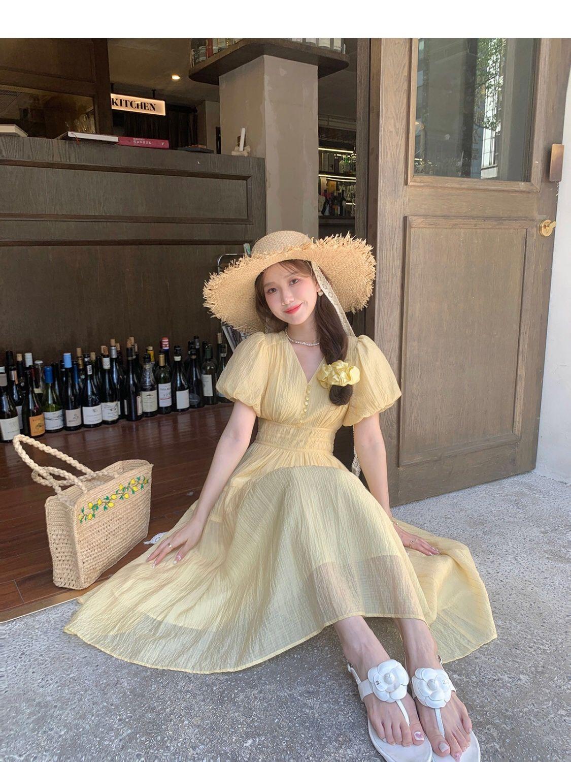 SHUANGYAN DbyDoi Pháp Vintage dịu dàng gió hiển thị gầy v-cổ tiên nghỉ mát gió váy đầm đầm dài cho trẻ em mùa hè