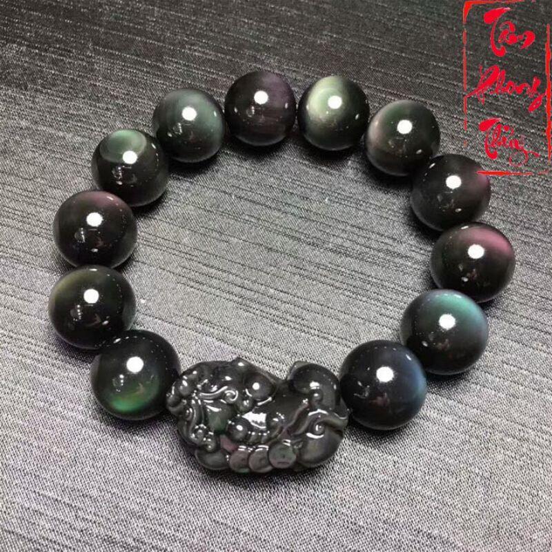 Vòng Tay Đá Núi Lửa Obsidian Cao Cấp Mix Charm Thiên Lộc Tỳ Hưu 12mm