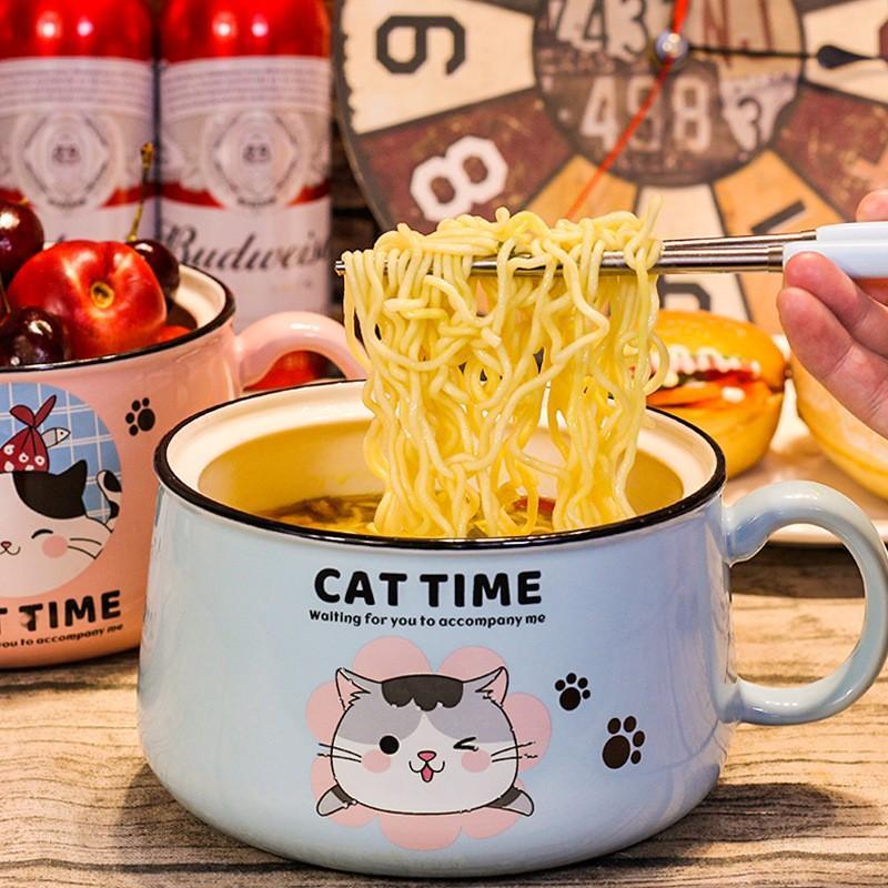 Tô Sứ Ăn Mỳ Hình Mèo Có Nắp Và Tay Cầm Dễ Thương Phong Cách Nhật