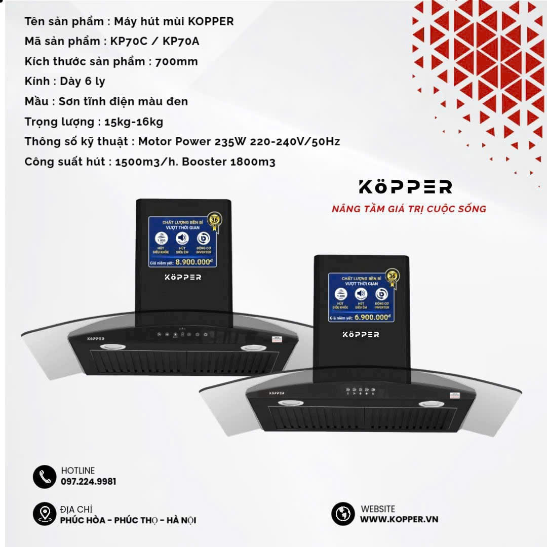 Máy Hút Mùi Nhà Bếp Kính Cong Kopper KP70A/70C Hàng Chính Hãng