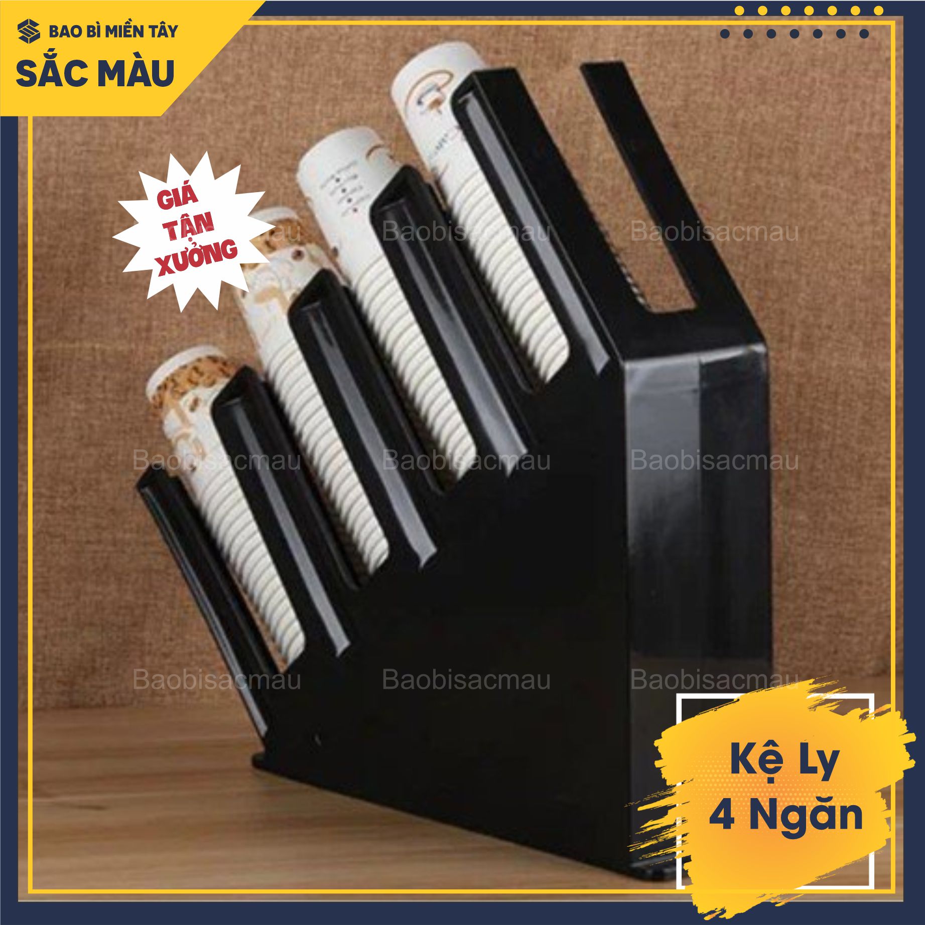 Kệ đựng ly/cốc nhựa màu đen 4 ngăn