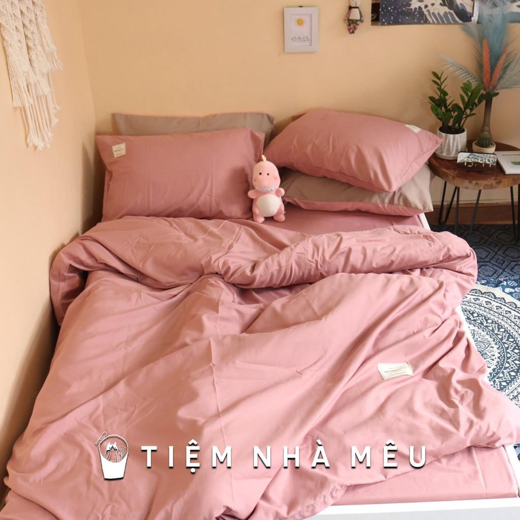 Bộ Chăn Ga Gối Cotton TC Nhập Hàn m6/m8/2m - Tiệm Nhà Mêu 2 Vỏ gối ,drap , vỏ chăn HỒNG PHẤN TRƠN