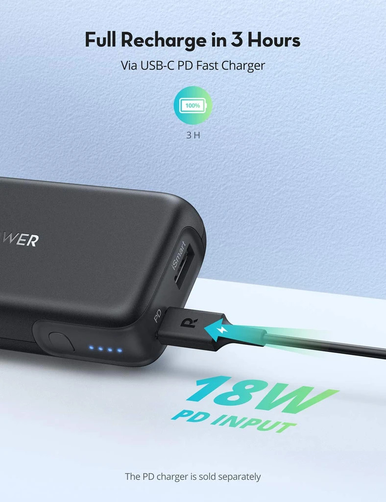 Pin Sạc Dự Phòng Nhỏ Gọn RAVPower 10000mAh Quick Charge 3.0 + PD 20W, In/Out Type-C - RP-PB186 - Hàng Chính Hãng