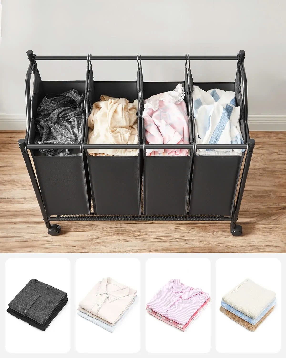 Hộp đựng đồ giặt Songmics Laundry Basket Laundry Hamper (4 túi vải+kệ có bánh xe- màu đen) Hàng chính hãng