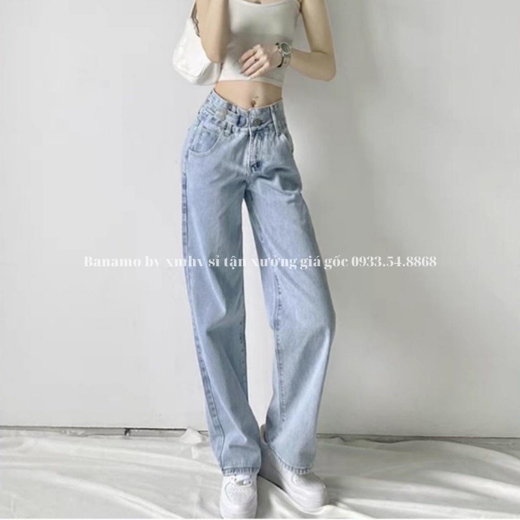 Quần jean nữ ống rộng cạp cao phối móc khóa cực chất thời trang Banamo Fashion jean nữ ống rộng phối kiểu móc khóa 9611