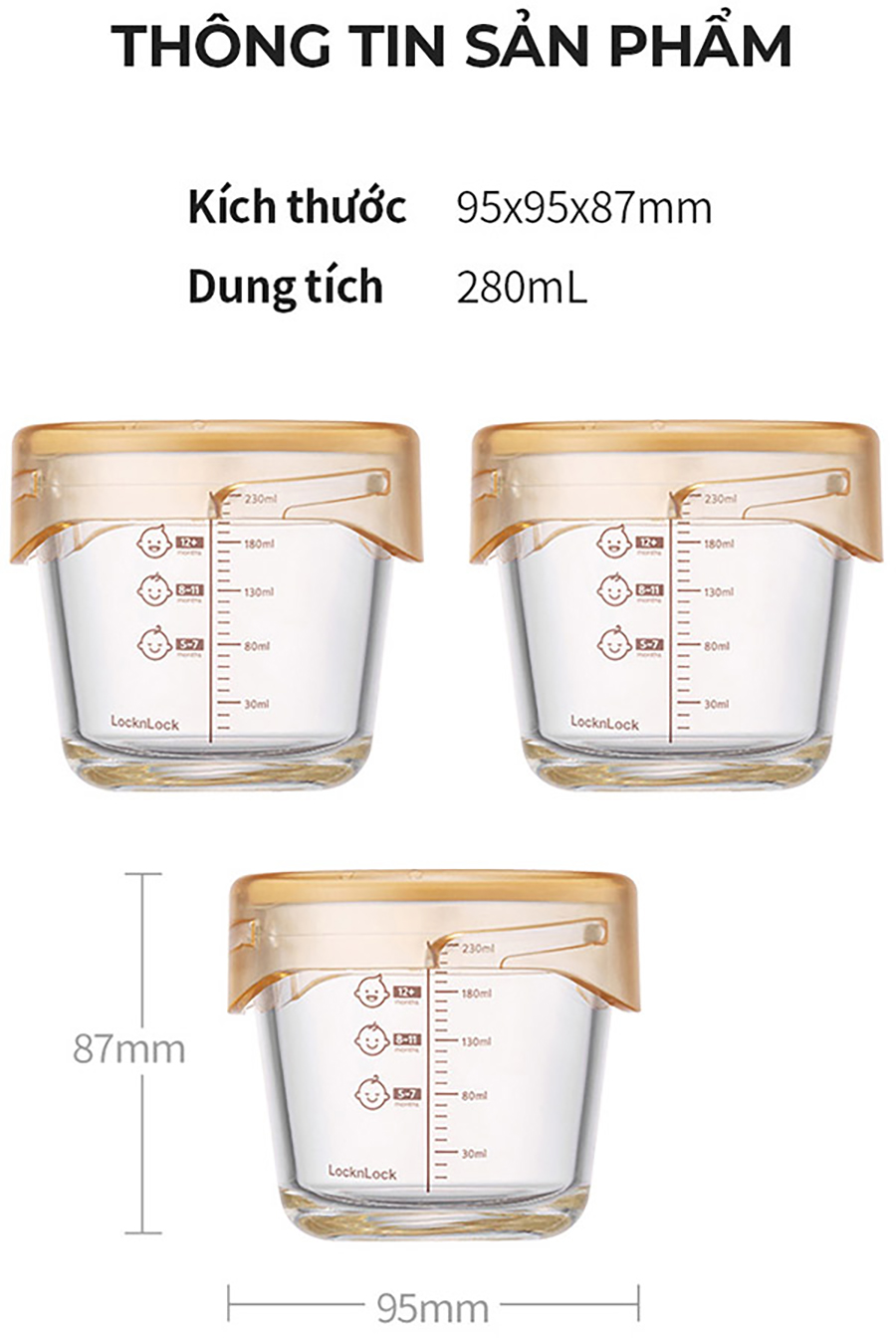 Bộ 3 hộp thủy tinh đựng thực phẩm cho bé LocknLock Baby Food container LLG542S3IVY - 280ml, Nắp vặn chống tràn, chất liệu không BPA an toàn cho trẻ em, có vạch chia - Hàng chính hãng