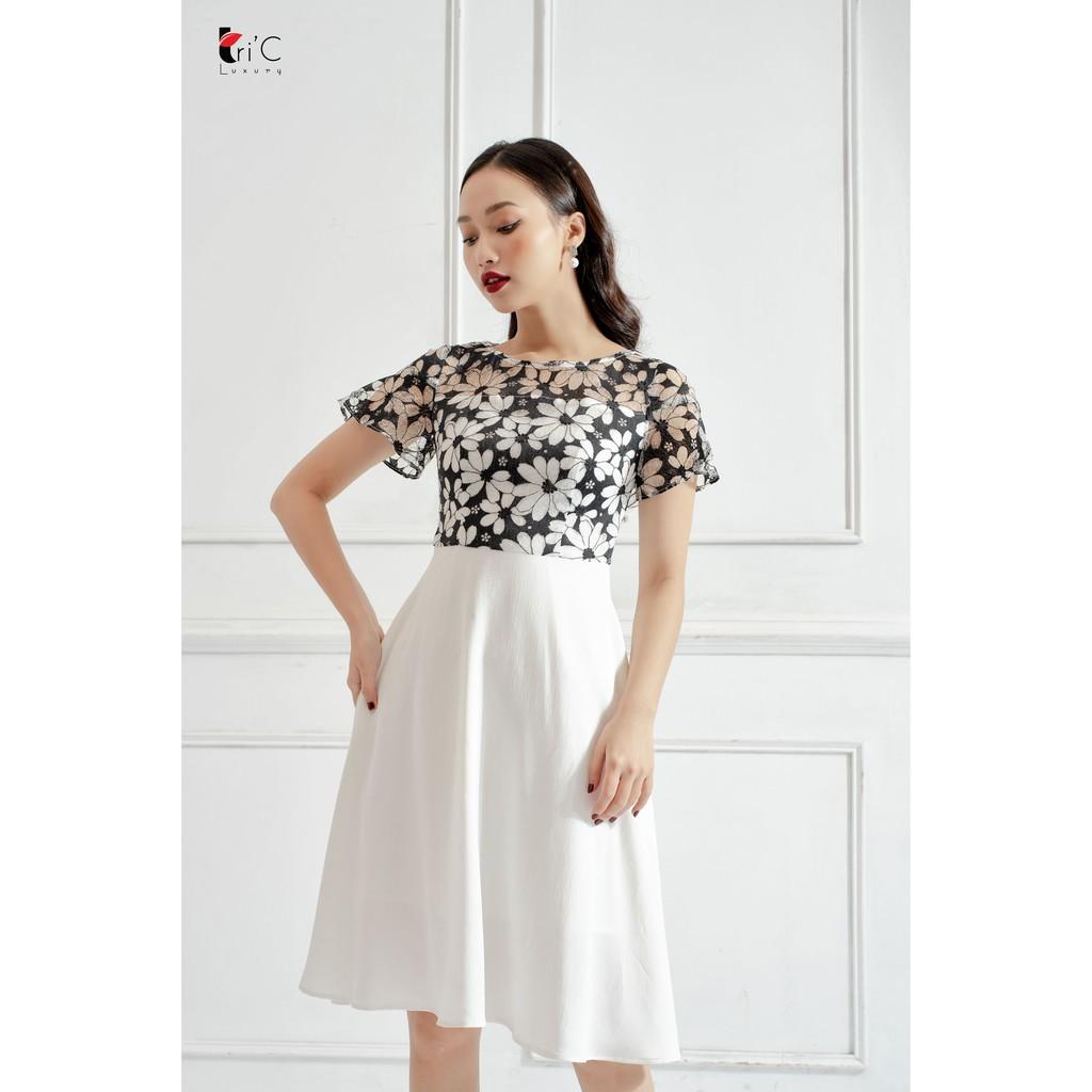 Đầm ren xòe Tri'C Luxury họa tiết phối Trắng A13219-T