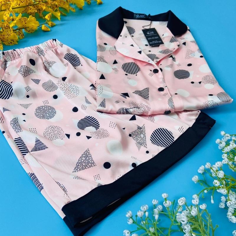 Đồ bộ pijama lụa, đồ mặc nhà nữ Vilady - B137  kiểu đồ bộ ngắn họa tiết hình học siêu dễ thương, chất liêu lụa Pháp ( lụa latin) cao cấp - Màu hồng