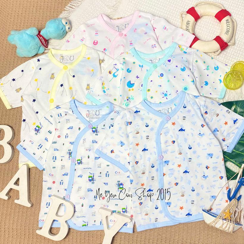 (J10TN) Áo Cài Xéo Họa Tiết Ngắn Tay Chất Cotton Cho Bé Sơ Sinh 3-9kg - Hãng JOU - HỒNG ((HỌA TIẾT )