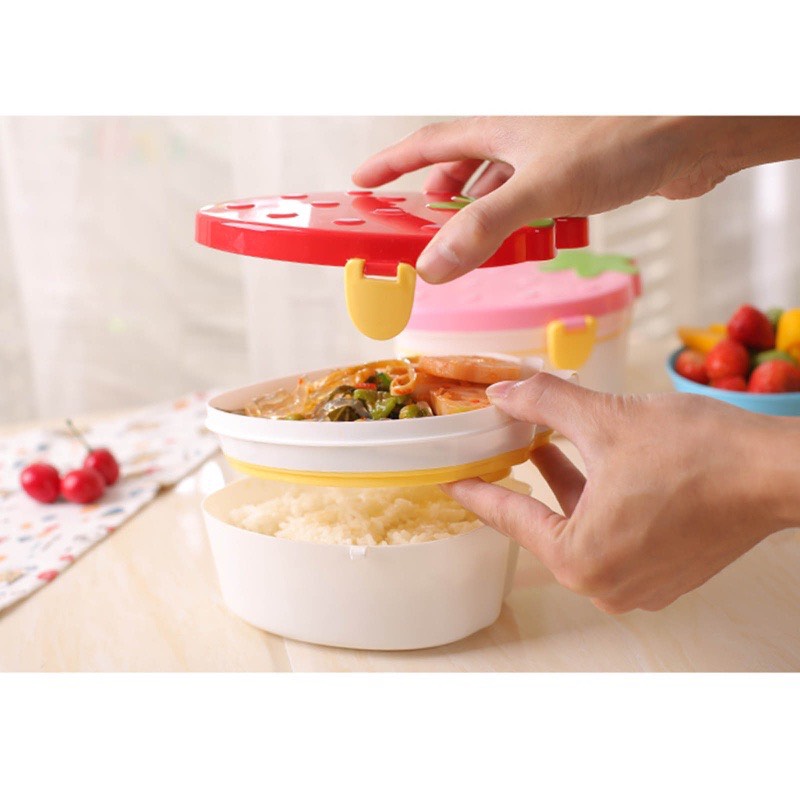 Hộp cơm Quả Dâu Hồng Kèm Muỗng Nĩa Xinh Xắn