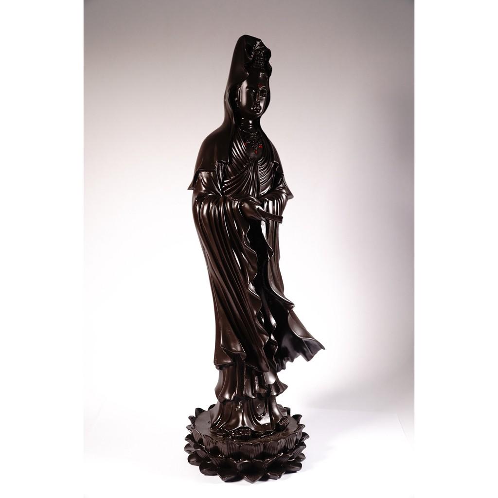 Tượng lớn phật Quan Thế Âm Bồ Tát đứng nguyên khối đế sen nâu đất - Cao 36cm