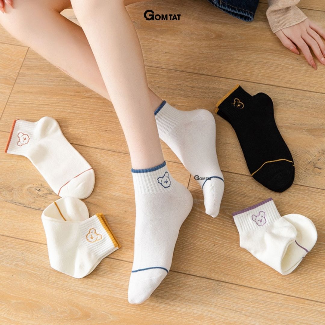 Vớ Nữ Cổ Ngắn Cao Cấp Họa Tiết Cute, Tất Nữ Cotton mềm mịn, thoáng mát khử mùi - Hình Gấu