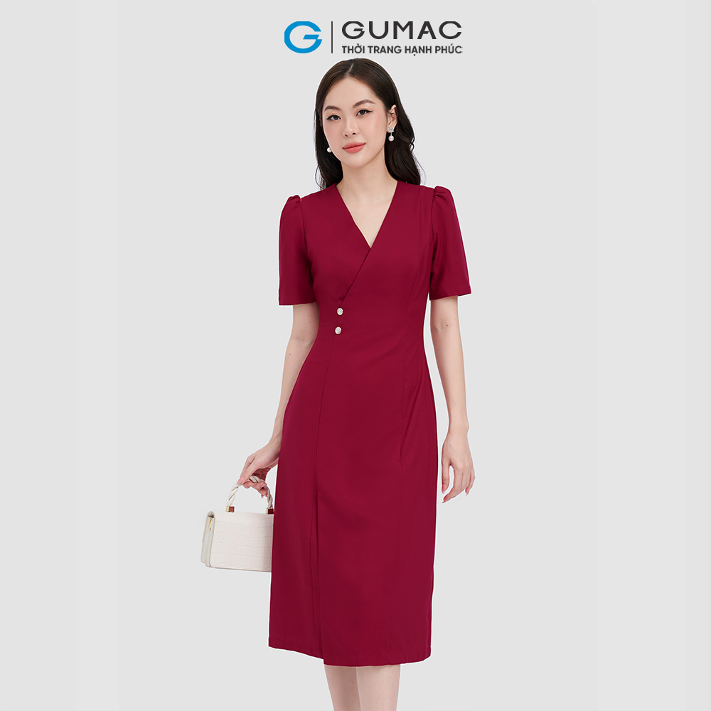 Đầm chéo GUMAC DC11055 phối nút thanh lịch