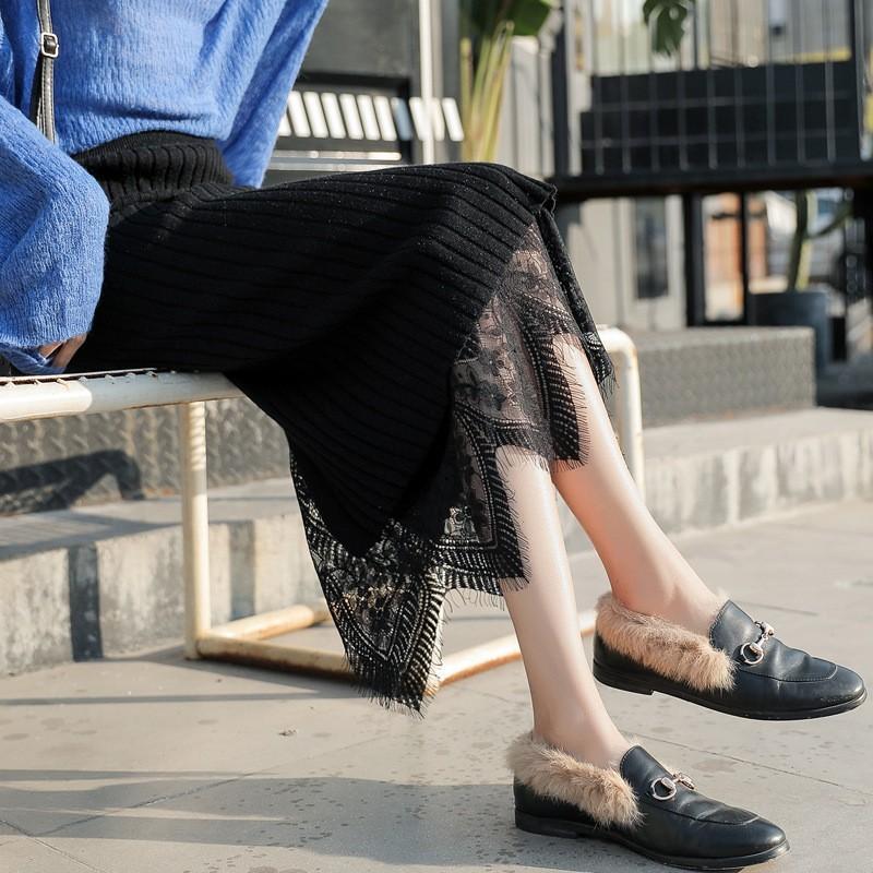 MS1003 Chân váy midi len xẻ tà phối ren mặc được 2 mặt