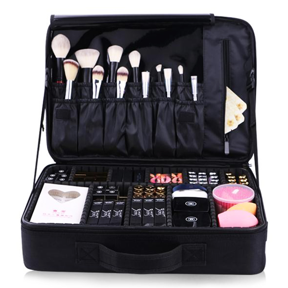 Cốp Vali Da PU Cao Cấp Không Thấm Nước  Đựng Đồ Makeup Đồ Nối Mi Tiện Lợi Các Ngăn Xếp Tùy Ý, Ba Kích Thước, Màu Đen, Độ Bền Cao, Tay Cầm Chắc Chắn, Chia Ngăn Linh Hoạt, Có Dây Đeo