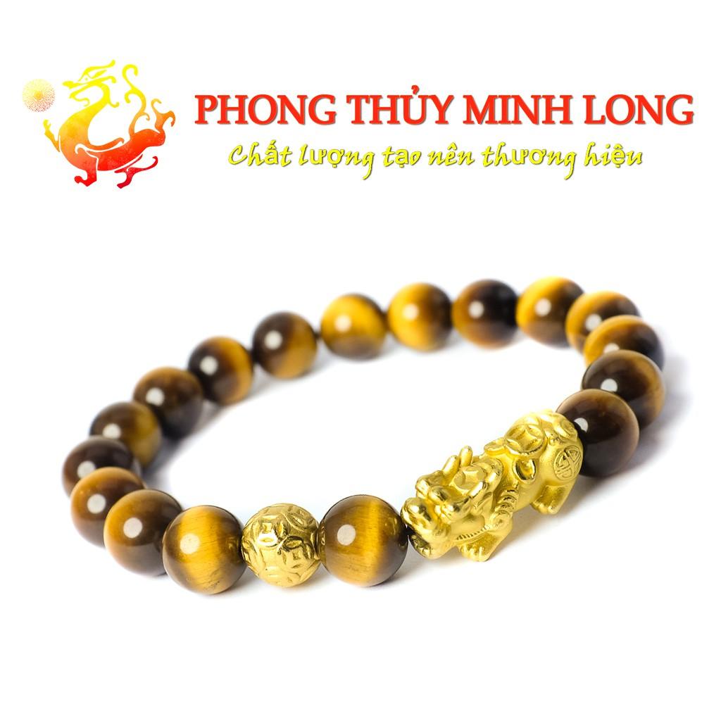 Vòng tay đá mắt hổ Vàng Nâu 5A mix Tỳ Hưu và 1 hạt kim tiền vàng mệnh Kim và Thổ