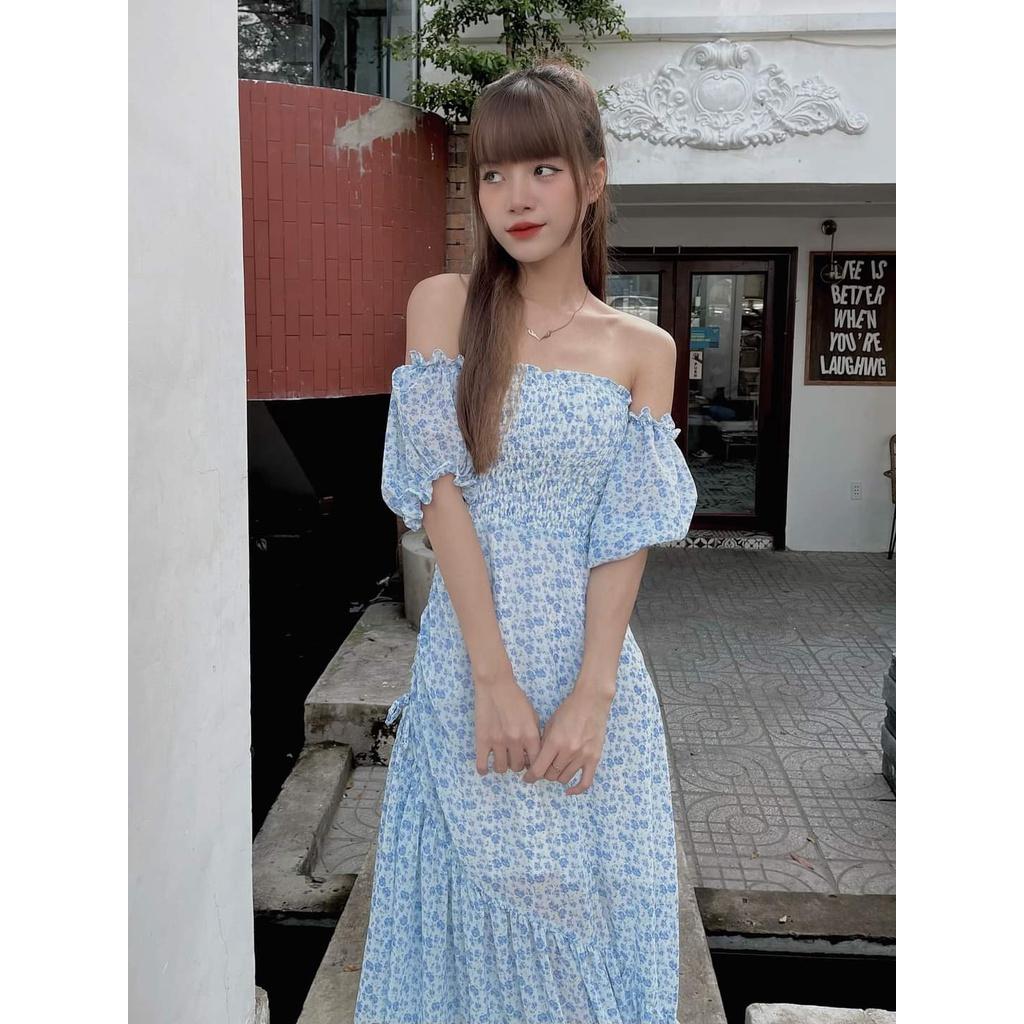 Đầm maxi trễ vai smocking