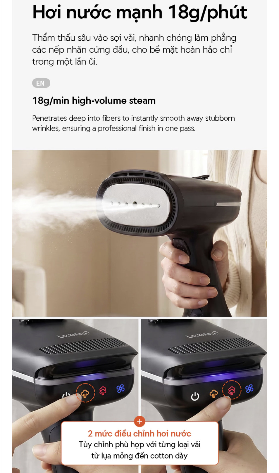 Bàn Ủi Hơi Nước LocknLock Hút Vải Thông Minh ENI216BLK - Dung Tích 270ml - 1400W - Hàng Chính Hãng