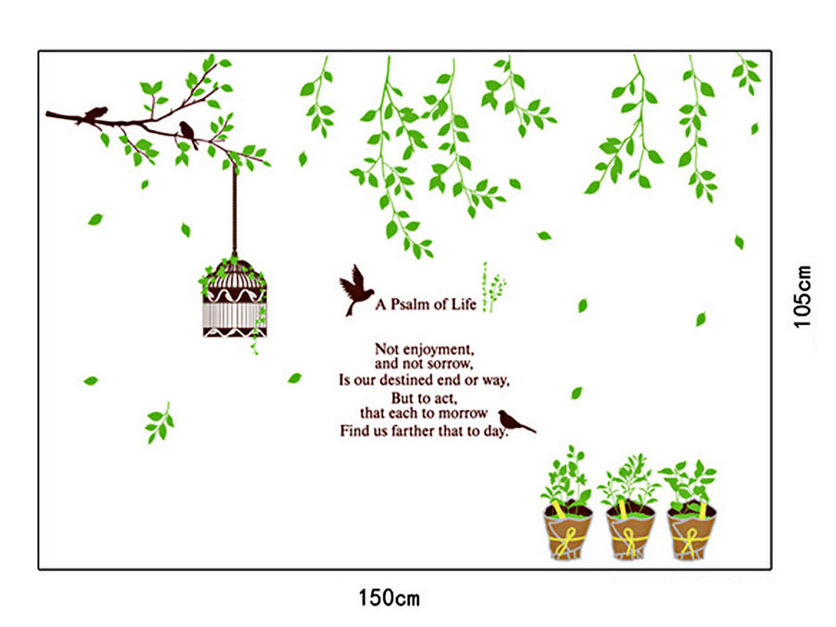 decal dán tường tán cây và lồng chim xanh ay9035