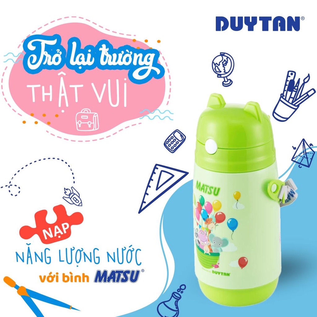 Bình Nước Học Sinh MATSU 400ml Nhựa Có Ống Hút Tặng Dây Đeo Bé Trai Bé Gái