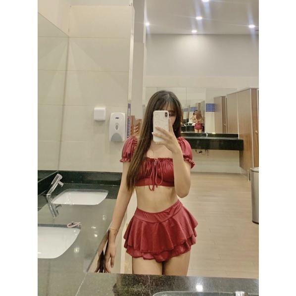 Bikini, đồ bơi đi biển 2 mảnh nữ áo tay phồng Hiền Hồ phối váy 2 tầng đẹp HM-070
